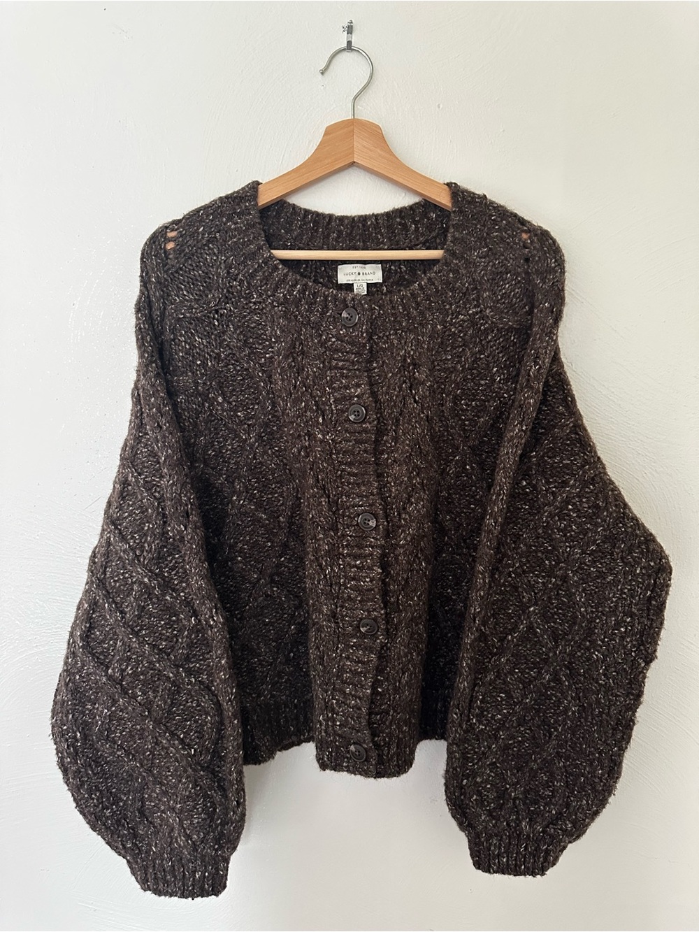 Lucky Brand Dark Brown Speckled Cable Knit Button Cardigan